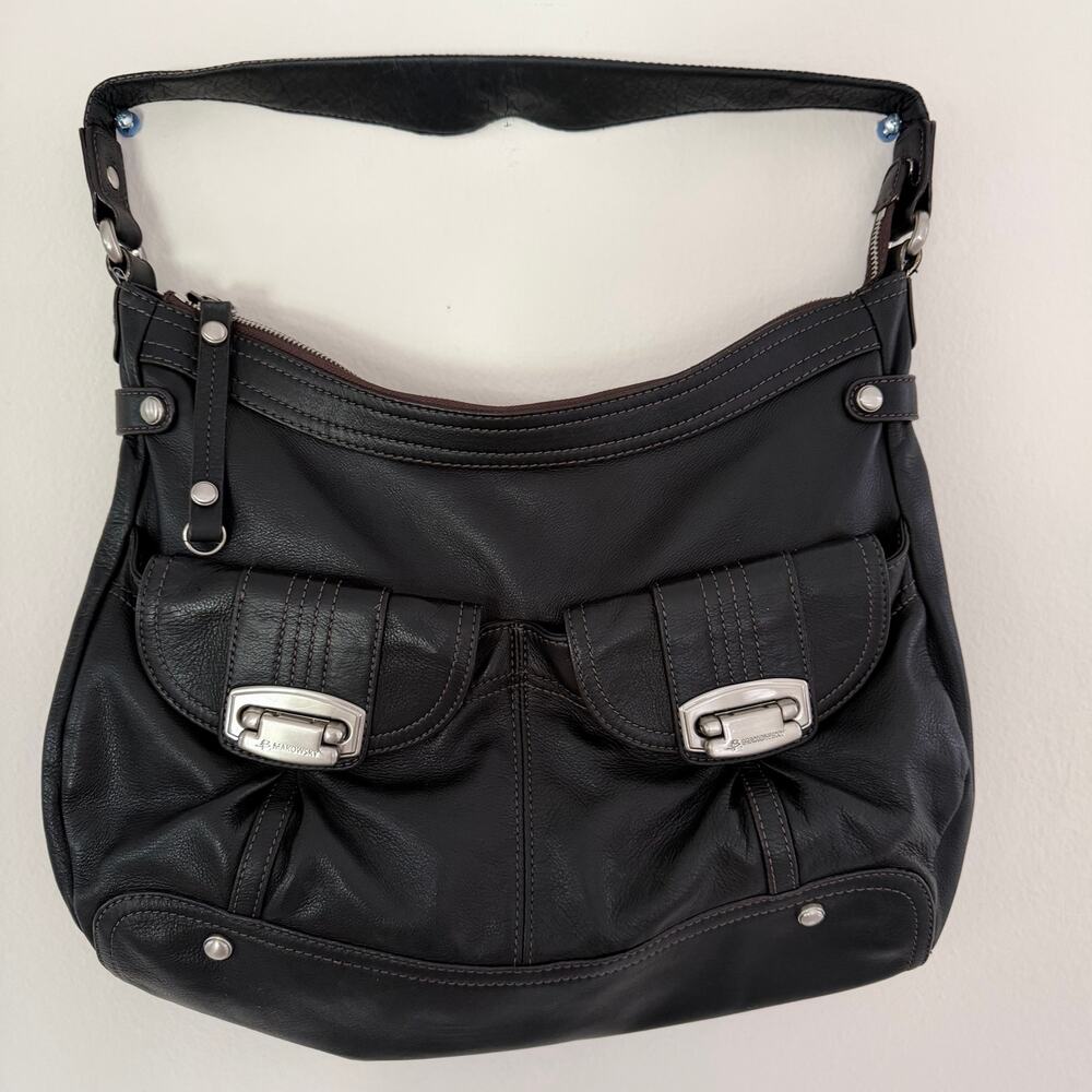 Makowsky Black Pebbled Leather Hobo Shoulder Bag Large Zip Top Multi Pocket Y2K